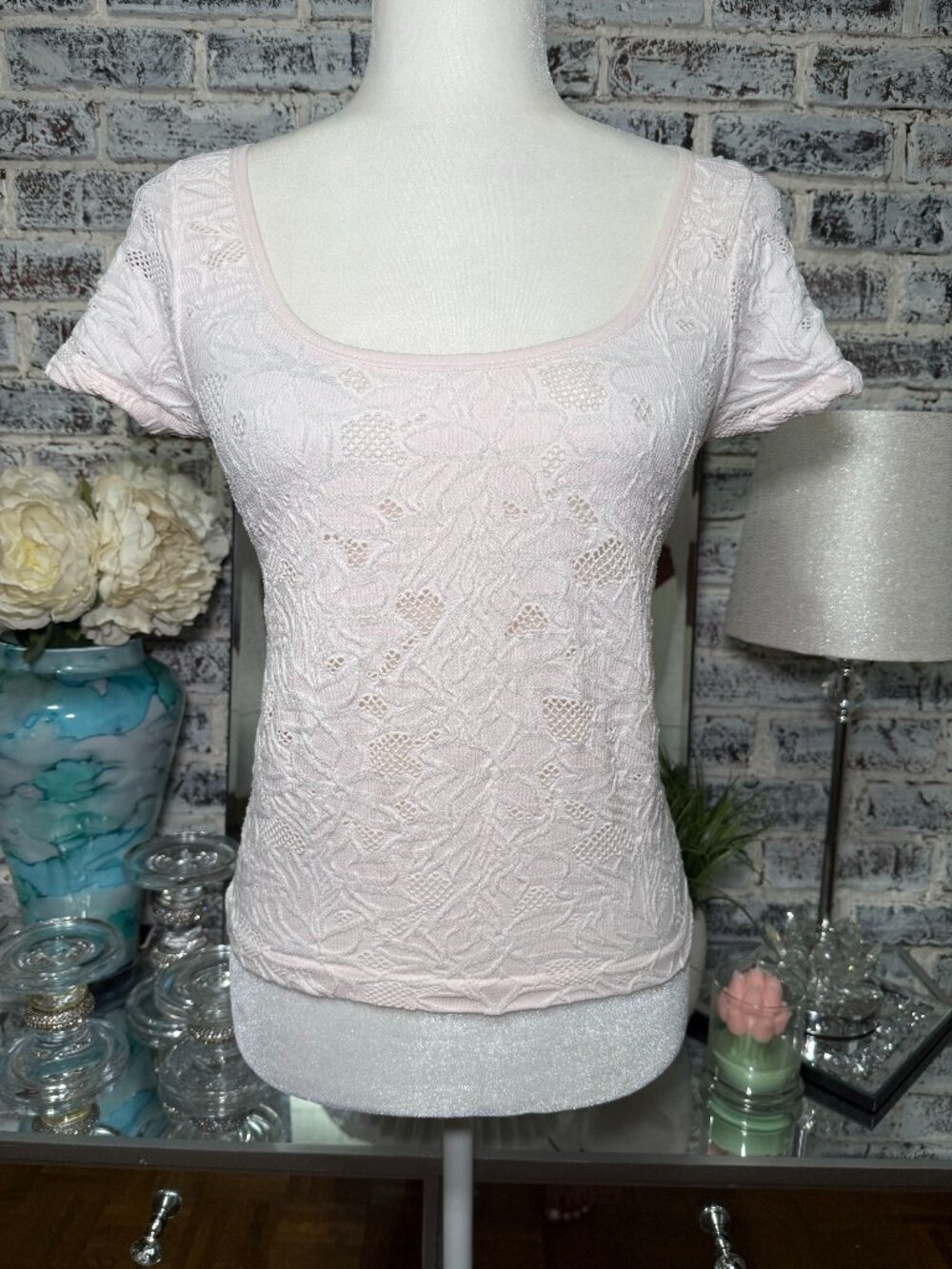 Y2K Coquette Stretchy Floral Lace Scoop Neck Short Sleeve Top Baby Pink Size XXL